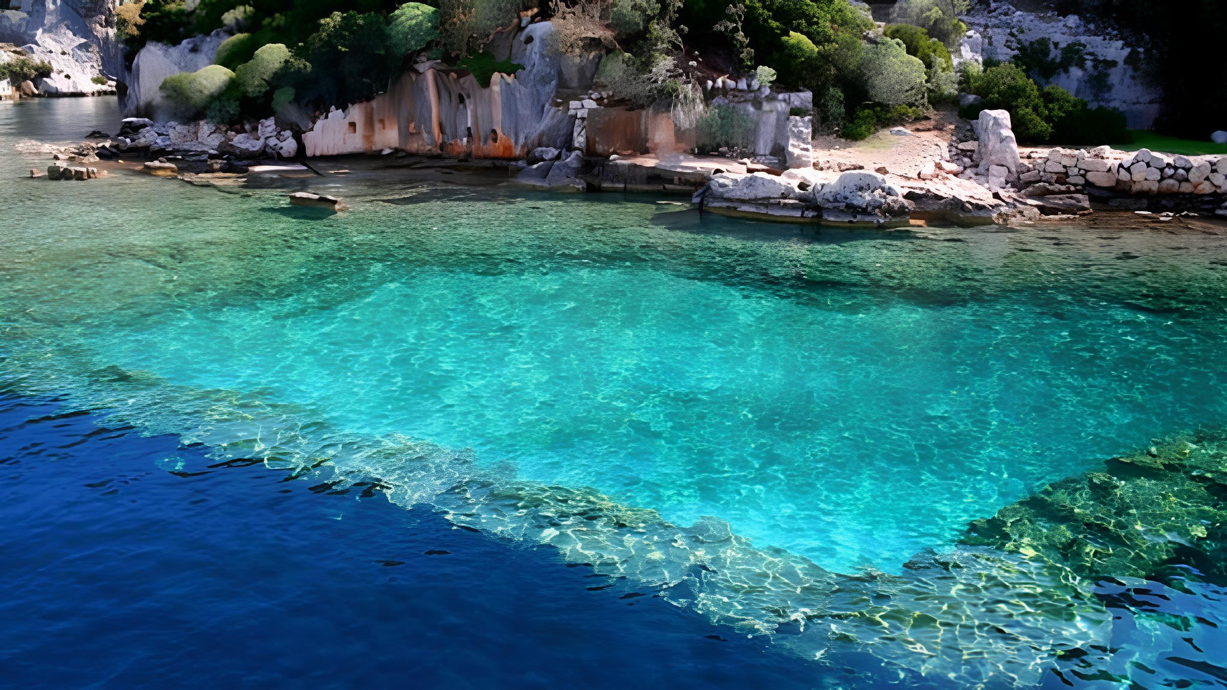 Kekova Adası çevresinde berrak deniz ve kıyıdaki kayalık alan