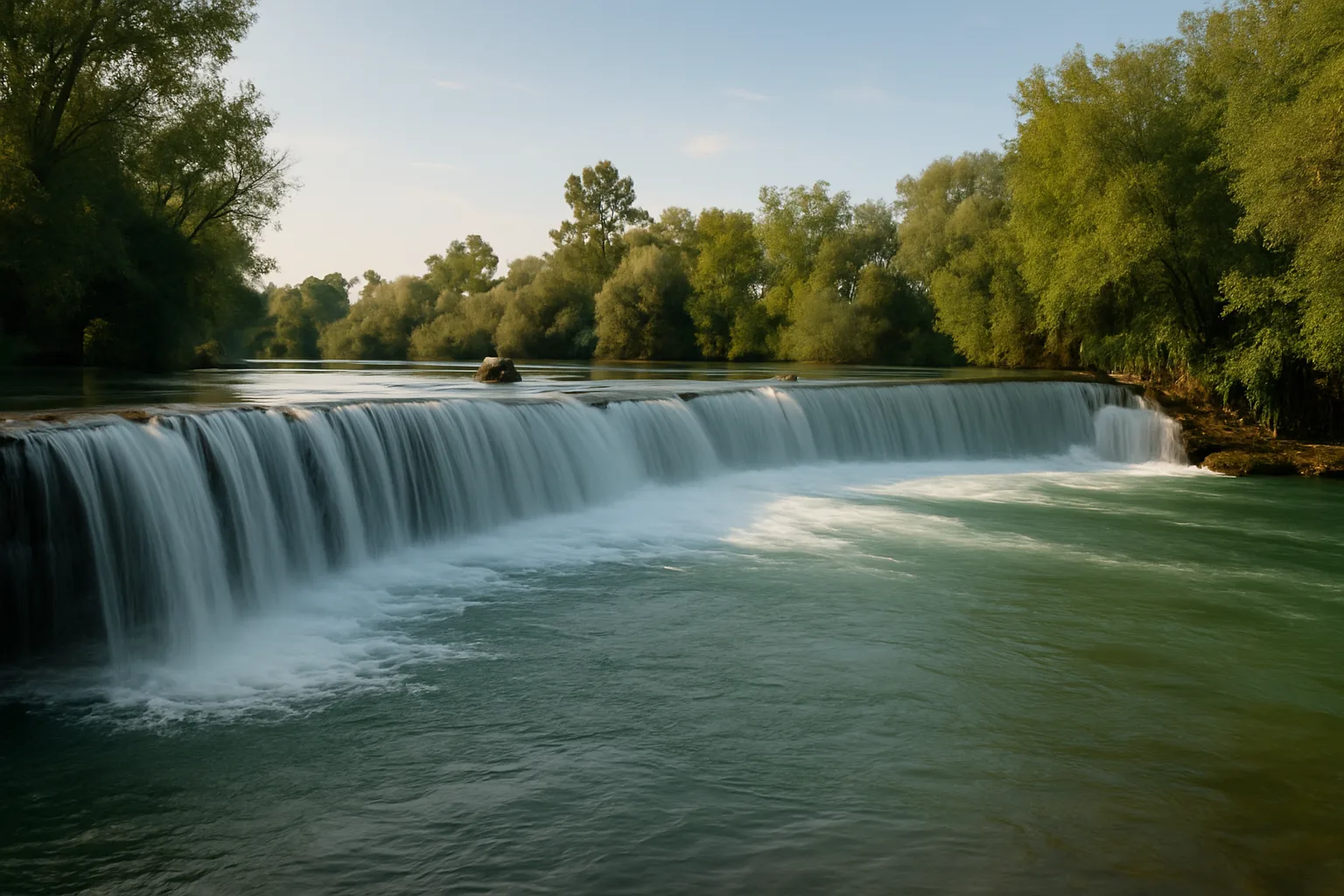 Manavgat Şelalesi'nde geniş ve alçak basamaklardan dökülen Manavgat Irmağı